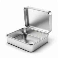 Rectangular tin box with an open lid. Metal box for various purposes. Isolate on a white back photo