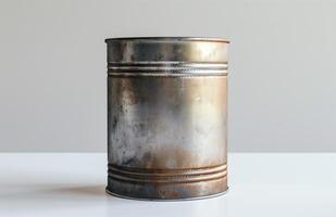 Rusty tin can. Metal container for long-term storage of food products. Light back photo
