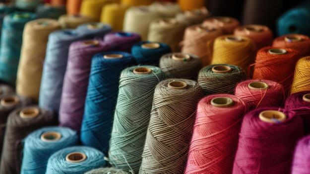 Multicolored yarn spools used in textile industry. Set of colored threads for sewing on coils. Pile of big colorful spools of thread. Colored thread spools of thread large class, textiles, back photo