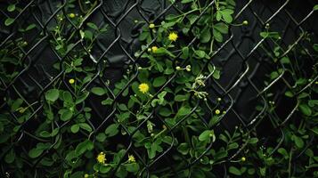 Black netting with green shoots of plants growing through it. Small yellow flowers. Natural green back. photo