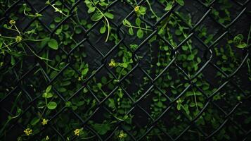Black netting with green shoots of plants growing through it. Small yellow flowers. Natural green back. photo
