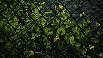Black netting with green shoots of plants growing through it. Small yellow flowers. Natural green back. photo