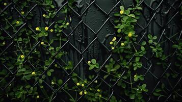 Black netting with green shoots of plants growing through it. Small yellow flowers. Natural green back. photo