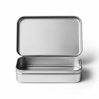 Rectangular tin box with an open lid. Metal box for various purposes. Isolate on a white back photo
