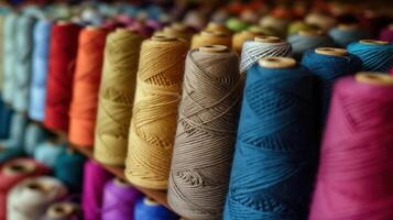 Multicolored yarn spools used in textile industry. Set of colored threads for sewing on coils. Pile of big colorful spools of thread. Colored thread spools of thread large class, textiles, back photo
