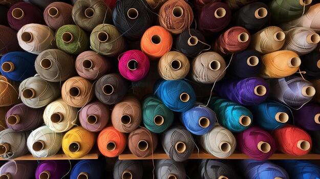 multicolor hilo carretes usado en textil industria. conjunto de de colores hilos para de coser en bobinas pila de grande vistoso carretes de hilo. de colores hilo carretes de hilo grande clase, textiles, espalda foto