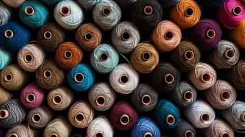 Multicolored yarn spools used in textile industry. Set of colored threads for sewing on coils. Pile of big colorful spools of thread. Colored thread spools of thread large class, textiles, back photo