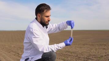 Laboratory worker holding professional glassware and testing black soil after harvest in the field video