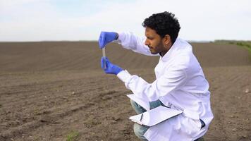 Indian scientist studying sample of soil in field video