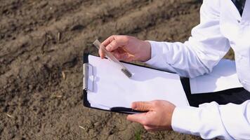 Scientist studying sample of soil in field, close up video