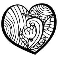 Outline heart with fantasy patterns, coloring page with flower and circles vector