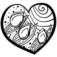 Outline heart with fantasy patterns, coloring page with tulips and spiral vector
