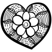 Outline heart with fantasy patterns, coloring page with a large flower vector