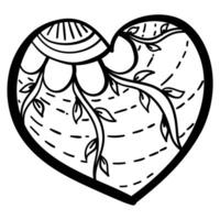 Outline heart with fantasy patterns, coloring page with flower and vines vector