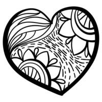 Outline heart with fantasy patterns, coloring page with fantasy sunflowers and waves vector