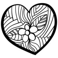 Outline heart with fantasy patterns, coloring page with simple flower and leaves vector