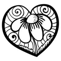 Outline heart with fantasy patterns, coloring page with daisy and spirals vector