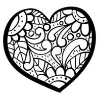 Outline heart with fantasy patterns, coloring page with flowers and swirls vector