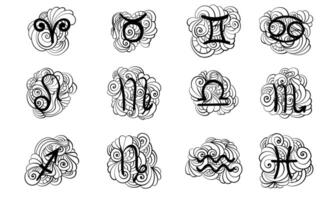 Set Zodiac signs coloring page with meditative patterns and doodle lines vector