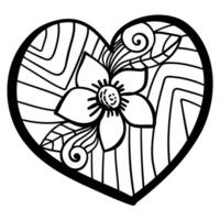Outline heart with fantasy patterns, coloring page with a flower in the center and spiral curls vector