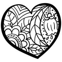 Outline heart with fantasy patterns, coloring page with different flowers vector