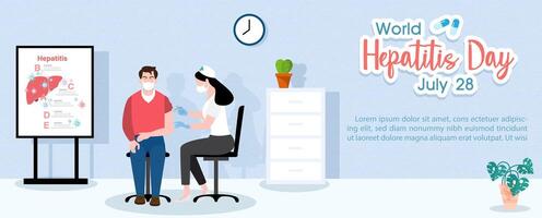 Doctor and patient in cartoon character in hepatitis's clinic with wording of event and example texts on blue background. vector