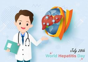 Doctor in cartoon character with symbols of hepatitis virus on human liver and campaign ribbon, wording of event on blue background. vector