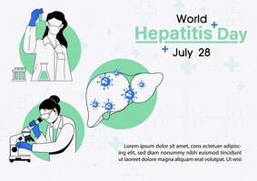 Concept of world hepatitis's day campaign's poster with symbols of virus on liver and science working of doctor wording of event in flat style vector