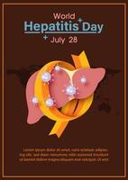 Human liver with symbols of hepatitis's virus in a campaign ribbon with wording of event on world map and brown background. Poster's campaign in paper cut style vector