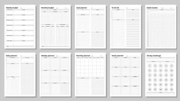 Planners set. Daily, weekly, monthly, yearly, habit tracker, to do list, goal, monthly budjet, weekly budjet and challenge. Blank white notebook page A4. vector