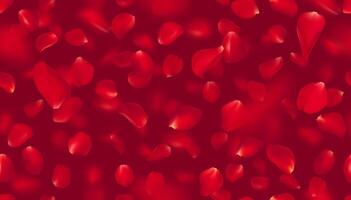 Seamless pattern with realistic flying red rose petals on burgundy background. Texture with voluminous blurred falling petal. illustration with blur effect. vector