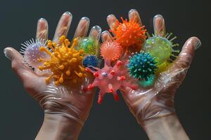 Abstract image of a human hands covered with germs, bacteria and viruses. Generated by artificial intelligence photo