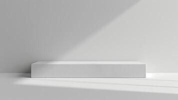 White rectangular low podium on a white background. A podium, stage for product presentation. photo