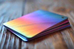 Gradient colored glass cards on a wood background. Transparent background texture. Generated by artificial intelligence photo
