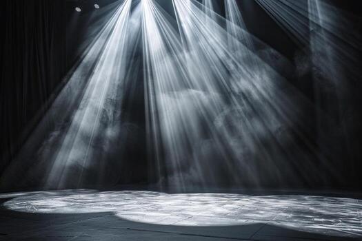 An empty stage for a performance in the rays of spotlights and clouds of smoke. Generated by artificial intelligence photo