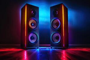 A music speaker with colored lighting stands on the floor in the dark. Generated by artificial intelligence photo