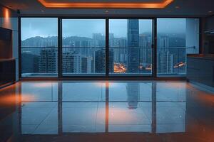 Interior of a modern apartment with panoramic windows in evening lighting. Generated by artificial intelligence photo