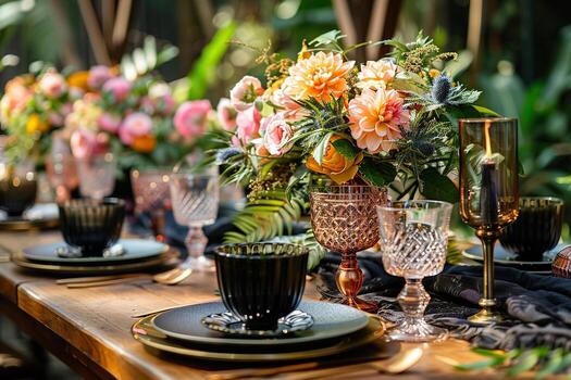Clásico estilo de madera mesa ajuste con cristal lentes y negro vajilla. generado por artificial inteligencia foto
