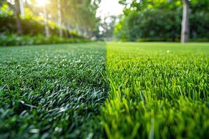 Beautiful blurred background image of green nature with a neatly trimmed lawn on a bright sunny day. Generated by artificial intelligence photo