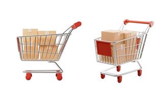 Realistic shopping cart with box inside, 3d rendering. photo