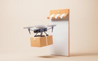 Realistic drone carrying the box, 3d rendering. photo