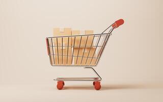Realistic shopping cart with box inside, 3d rendering. photo