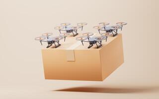Realistic drone carrying the box, 3d rendering. photo