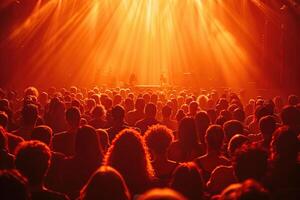 A crowd of people at a party, concert in the rays of spotlights. Generated by artificial intelligence photo