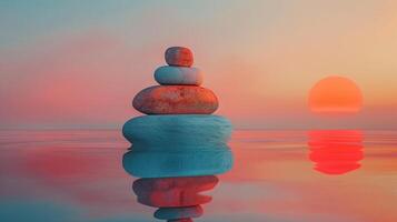 Smooth spa stones on the water surface in a stack at sunset. Concept of mental health, meditation. photo