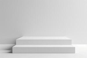 White empty podium against a white wall. Two rectangular steps in the form of a podium, stages for product presentation. photo