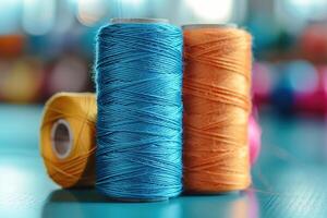 Spools of bright threads on a blue wooden table close-up. Generated by artificial intelligence photo