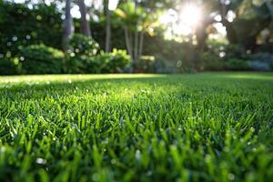 Beautiful blurred background image of green nature with a neatly trimmed lawn on a bright sunny day. Generated by artificial intelligence photo