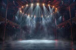 Circus arena in the light of spotlights, stage of a moving circus. Touring circus. Generated by artificial intelligence photo