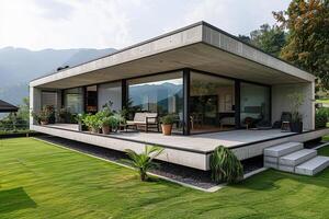 Model of a modern townhouse with green spaces. The concept of comfortable housing. Generated by artificial intelligence photo